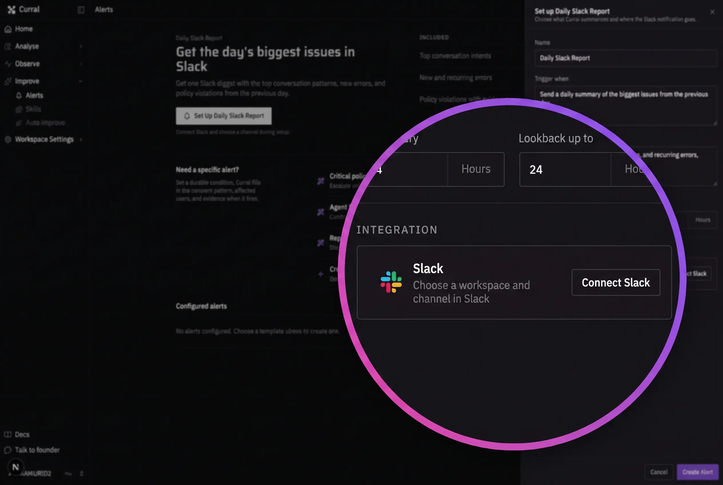 Daily Slack Report drawer after OAuth showing its name, trigger, notification content, schedule, lookback, and connected Slack workspace and channel