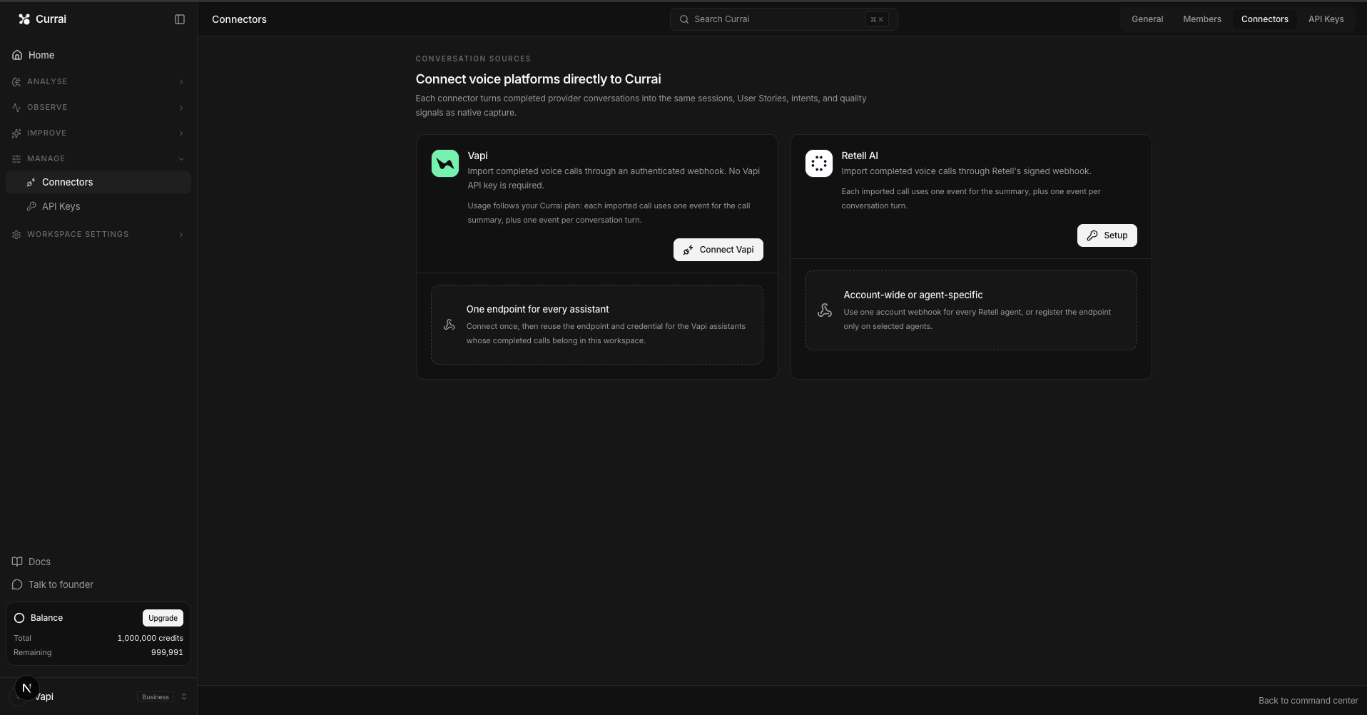 Currai Connectors settings page showing the Vapi and Retell AI cards, connector descriptions, usage notes, and setup actions