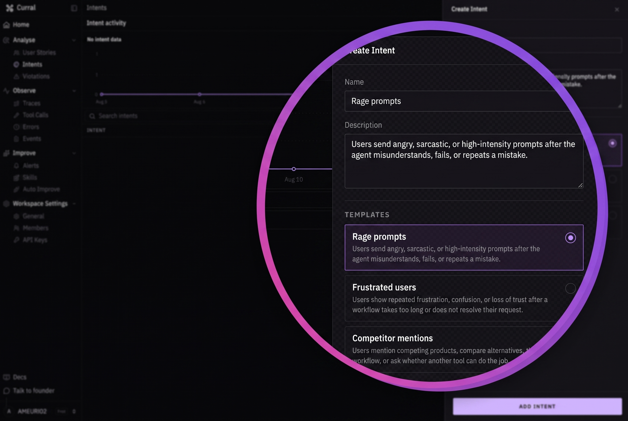 Create Intent drawer with a realistic name and description, visible intent templates, and the Add Intent action