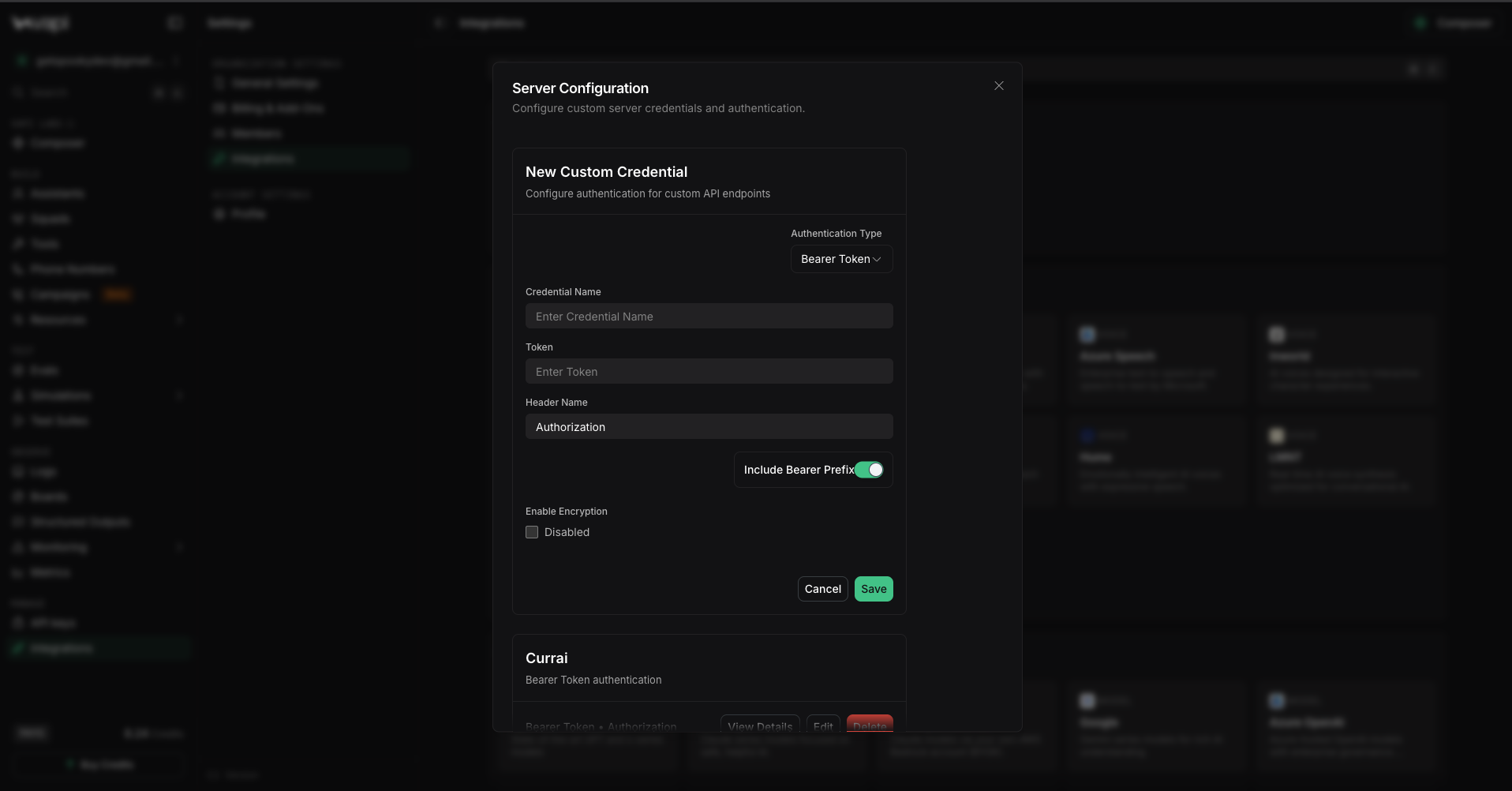Vapi Server Configuration dialog showing a new custom Bearer Token credential with Authorization as the header and Include Bearer Prefix enabled