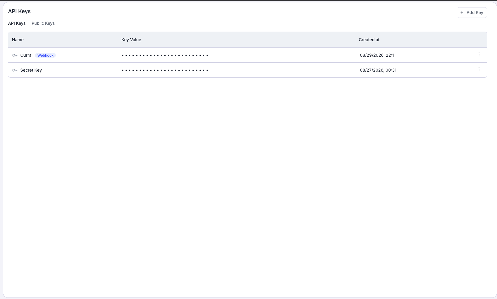 Retell AI API Keys page showing the Currai key with a blue Webhook badge, masked key value, creation date, and row actions menu