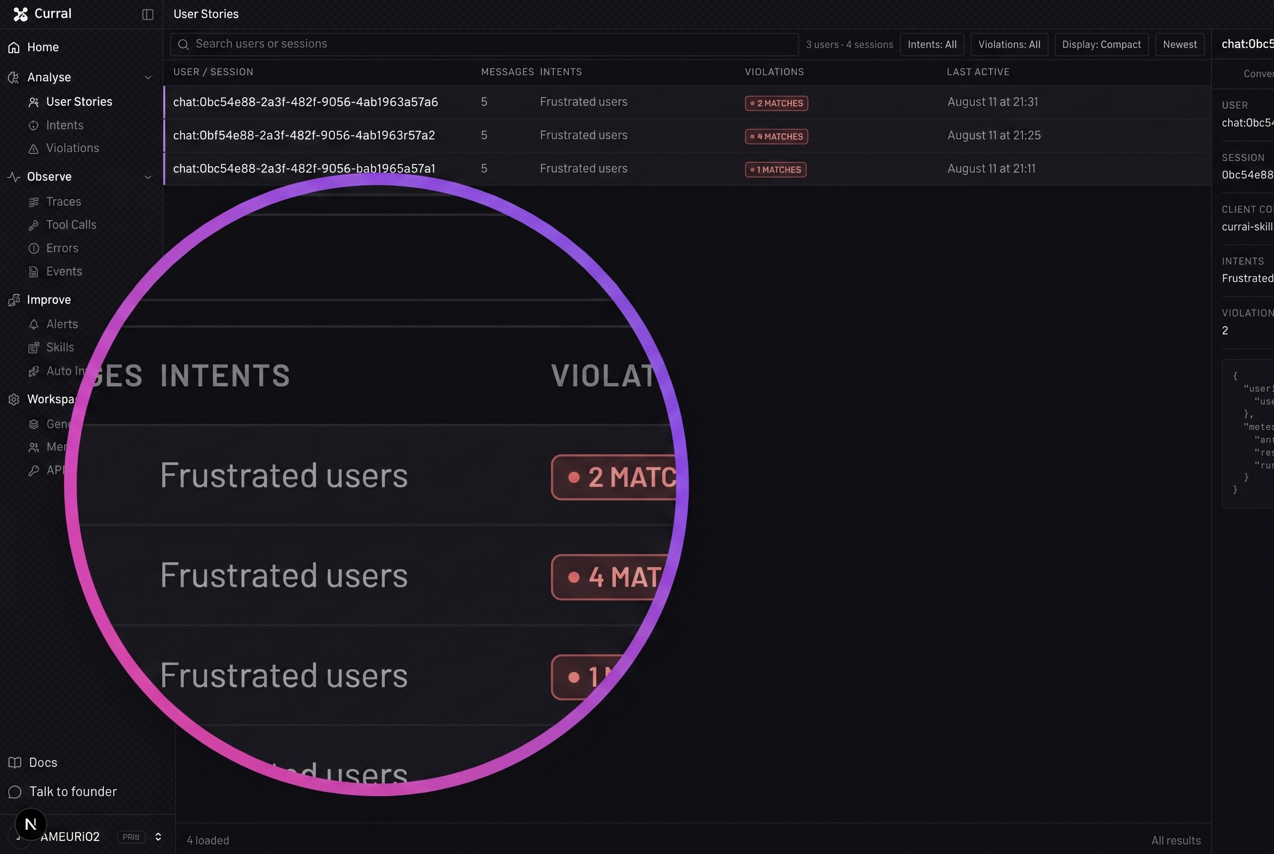 Opened Currai intent or violation showing match confidence, a short evidence excerpt, its explanation, and the linked conversation