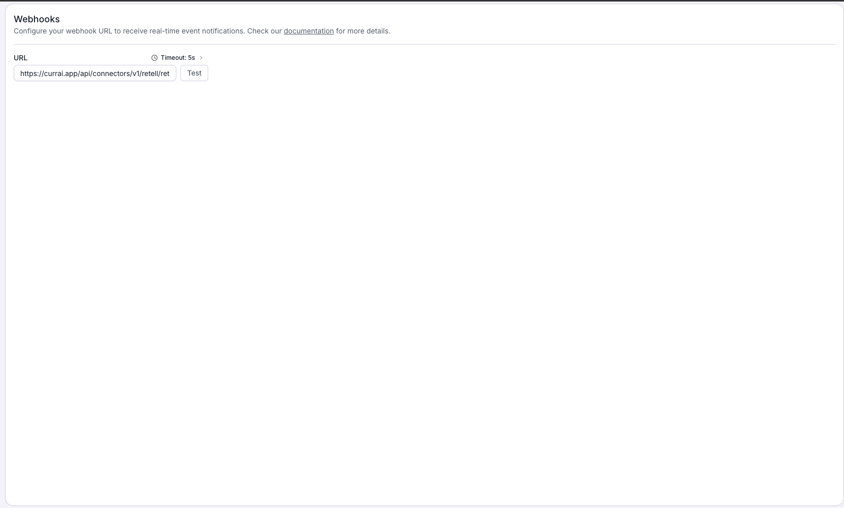 Retell AI Webhooks settings showing the generated Currai endpoint in the URL field beside the timeout control and Test action