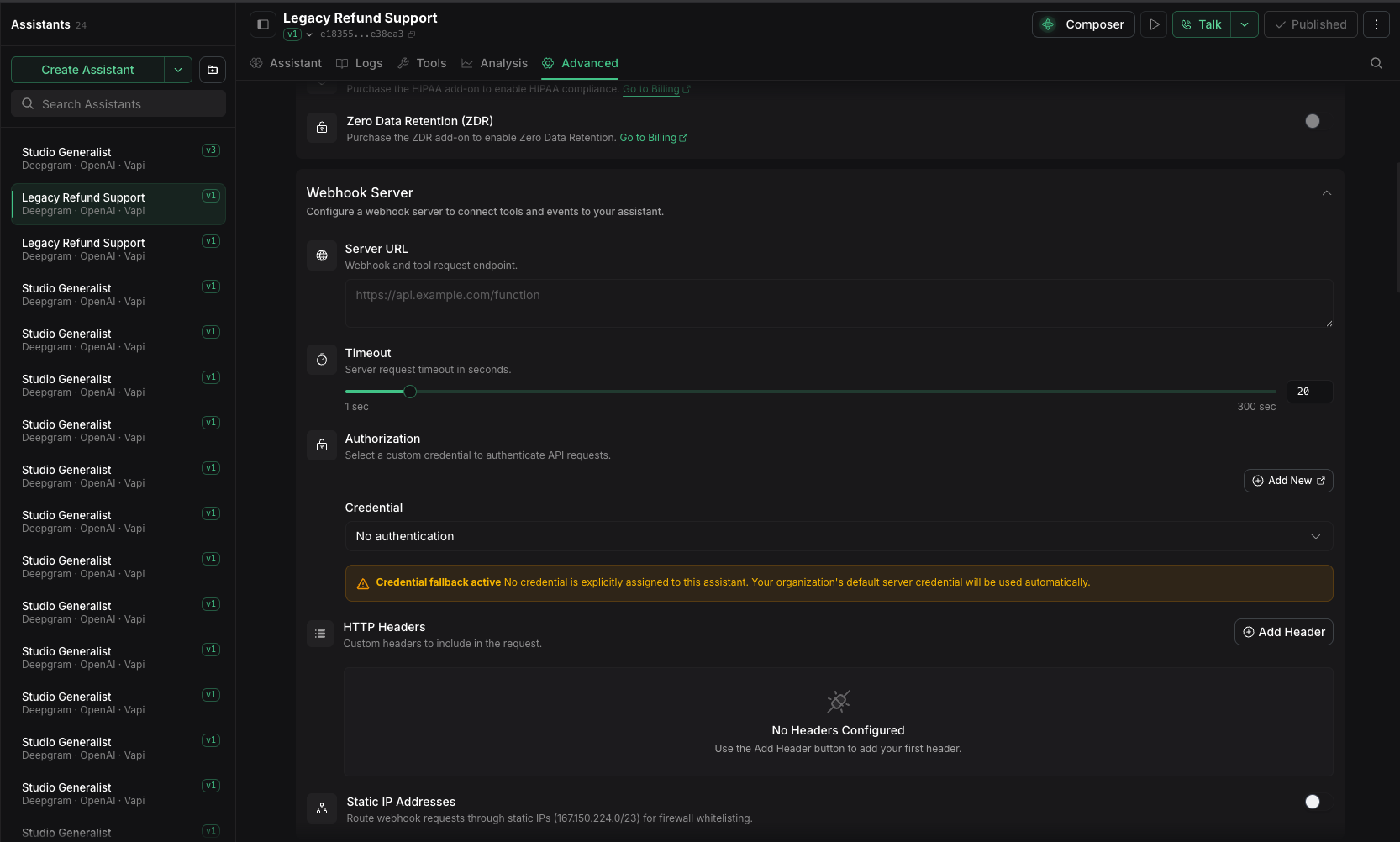 Vapi assistant Advanced tab with the Webhook Server section expanded, including Server URL, timeout, authorization credential, and HTTP header settings